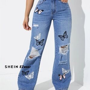SHEIN Blue Flare Wide Leg Jeans with Butterfly Design